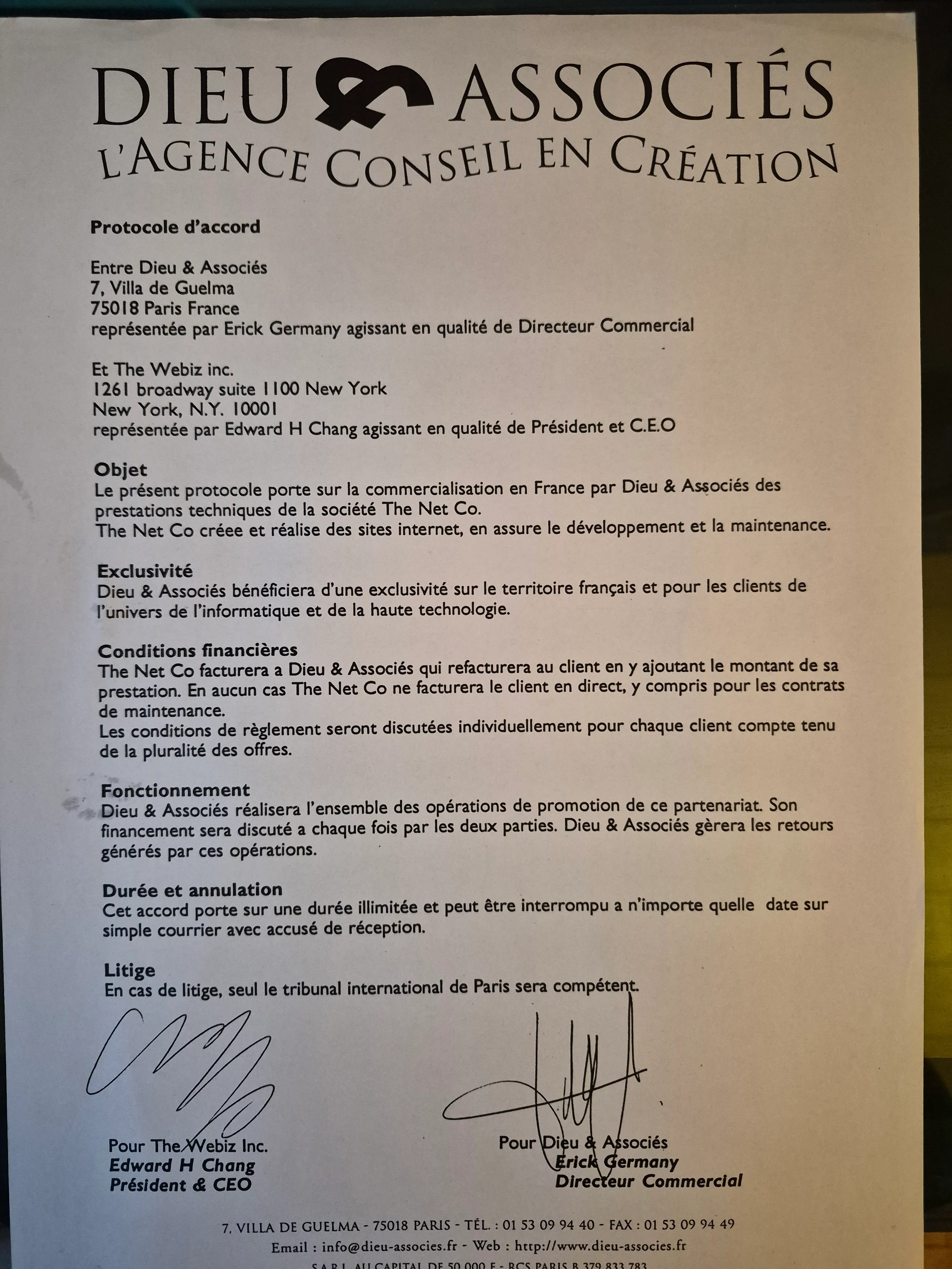 International agreement between Dieu & Associés (Paris) and The Webiz Inc. (New York)