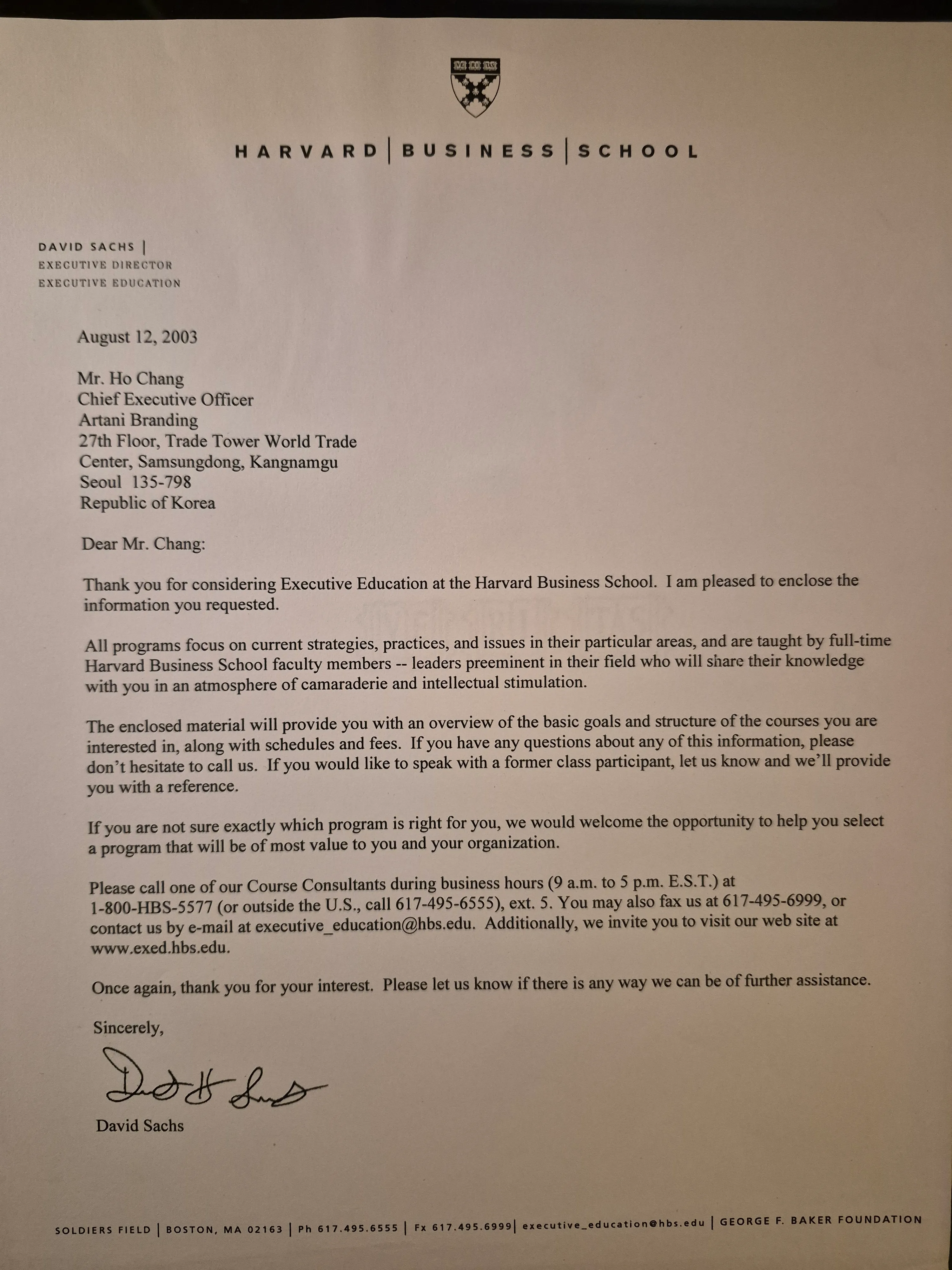 Harvard Business School Executive Education letter to Ho Chang (2003)
