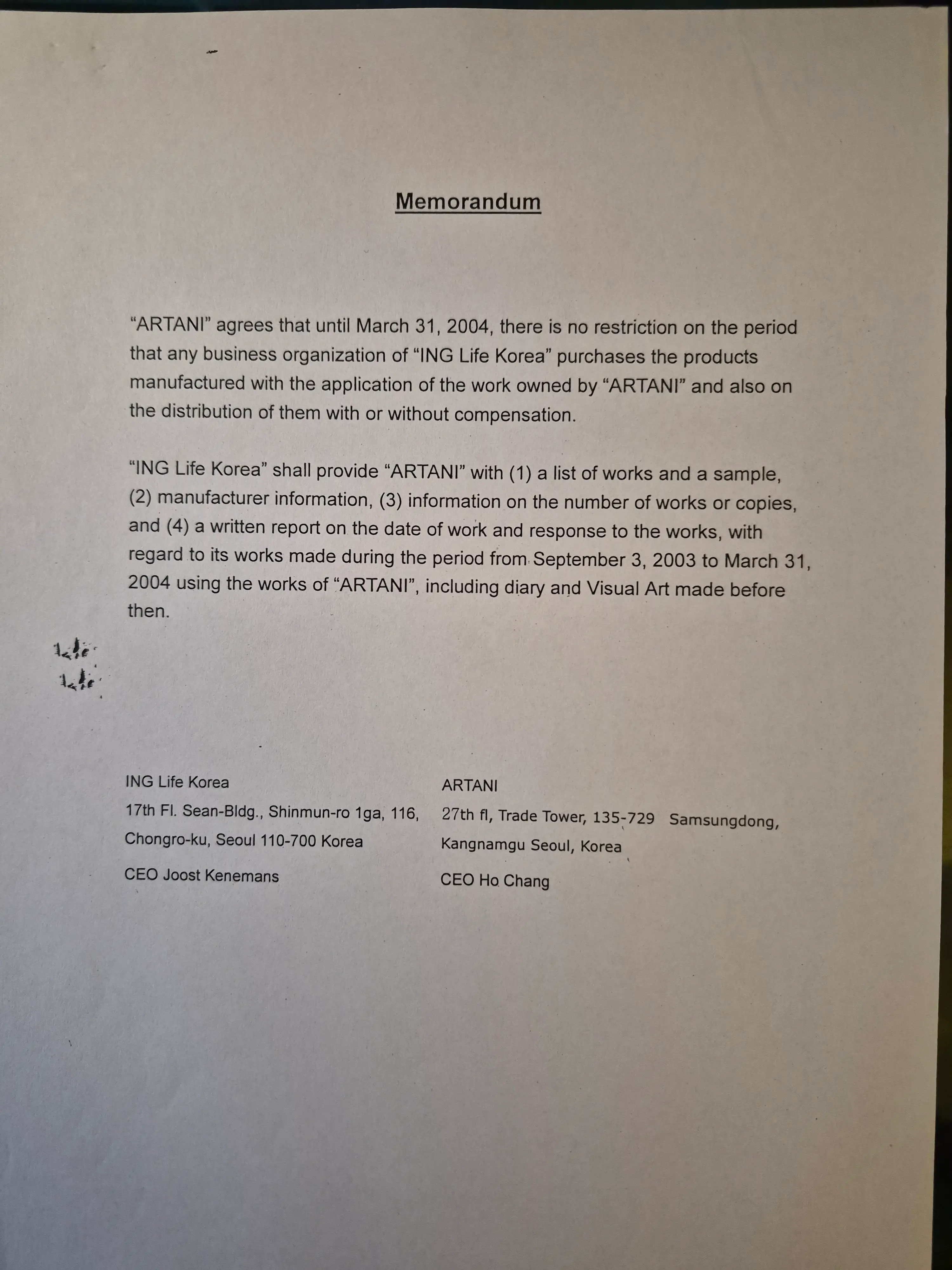 Memorandum between Artani and ING Life Korea regarding copyright usage