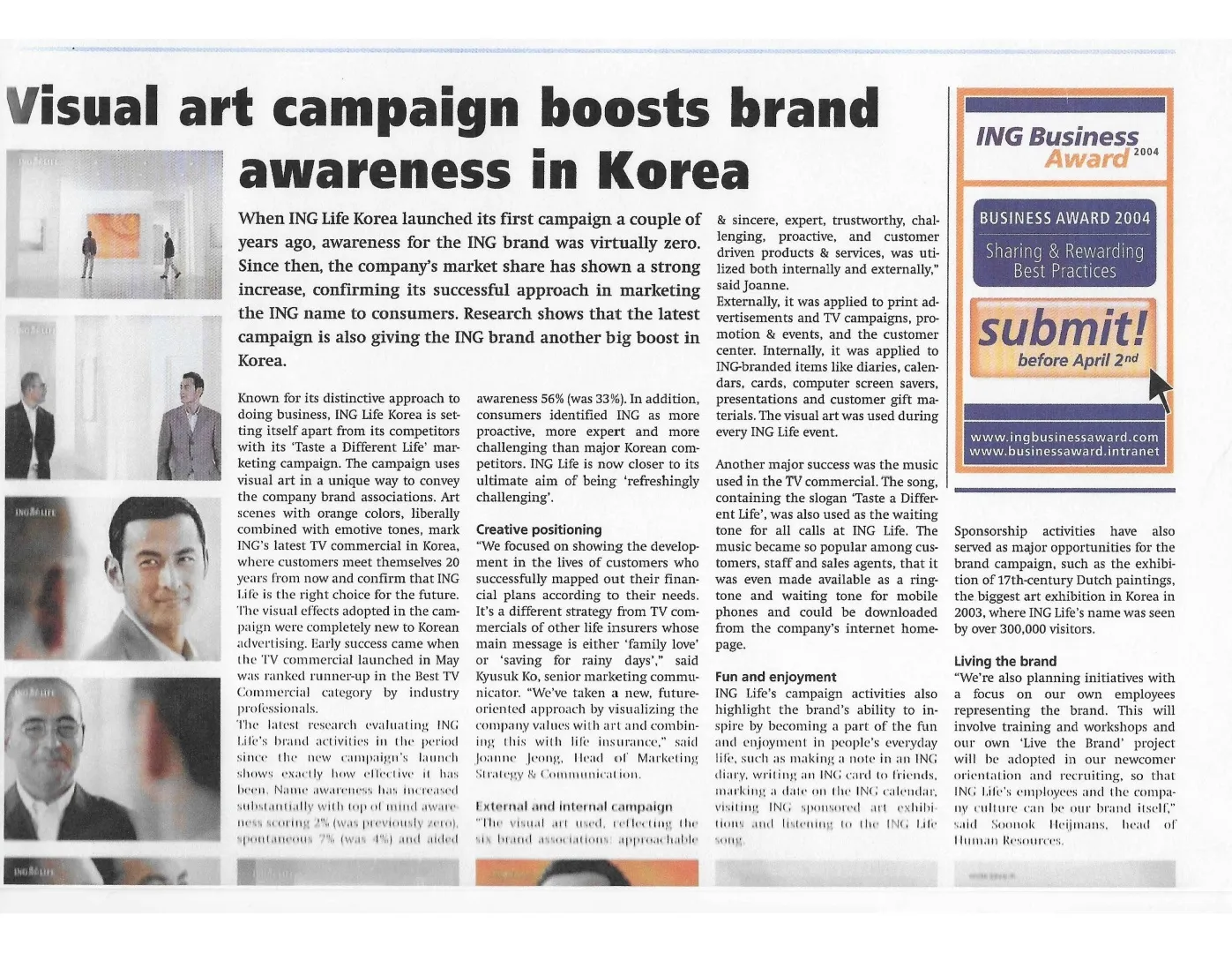 ING Life Netherlands headquarters press article recognizing Artani’s Orange Dream campaign