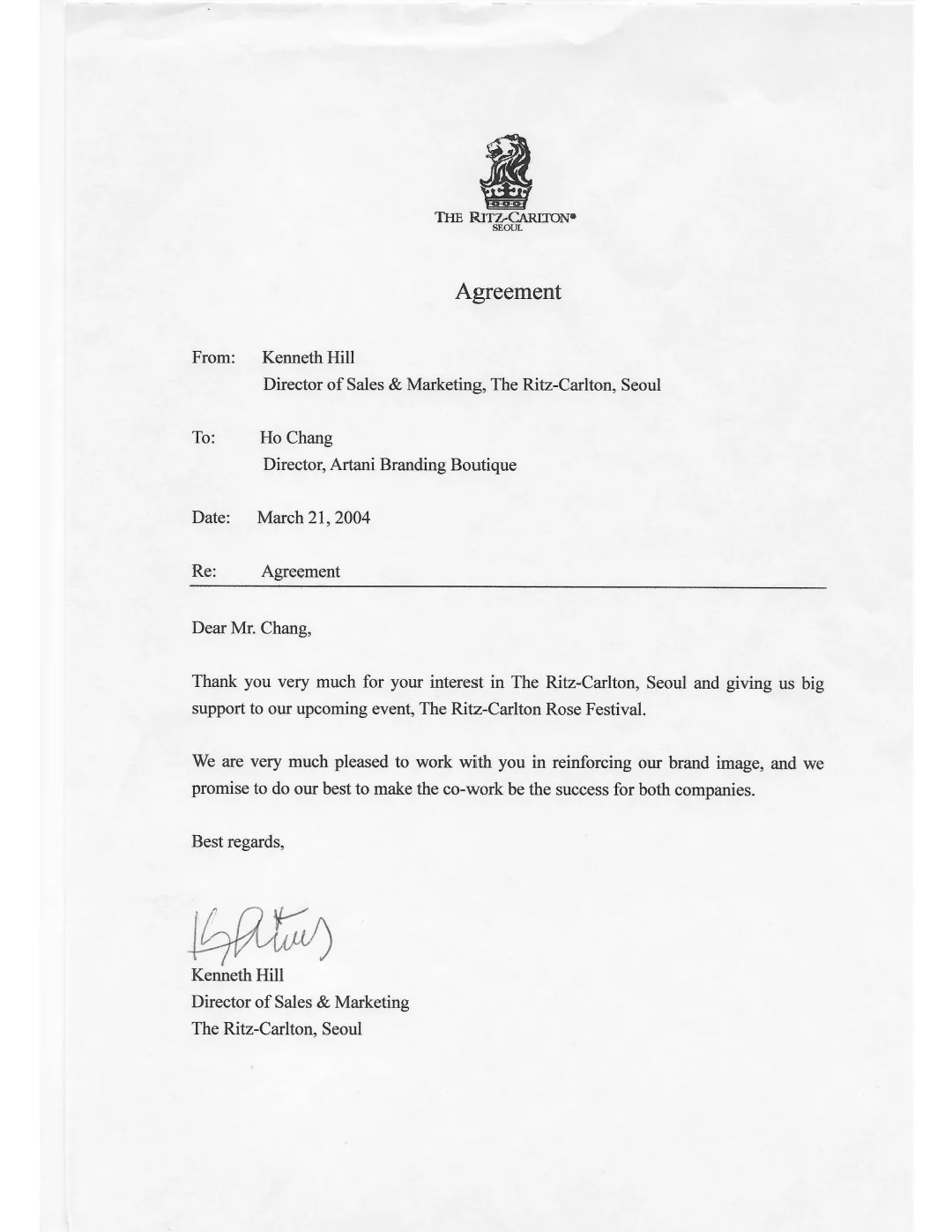 Ritz-Carlton Rose Festival agreement 2004