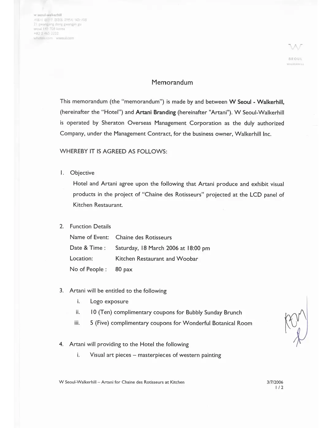 W Hotel × Chaîne des Rôtisseurs immersive art dinner contract (2006)